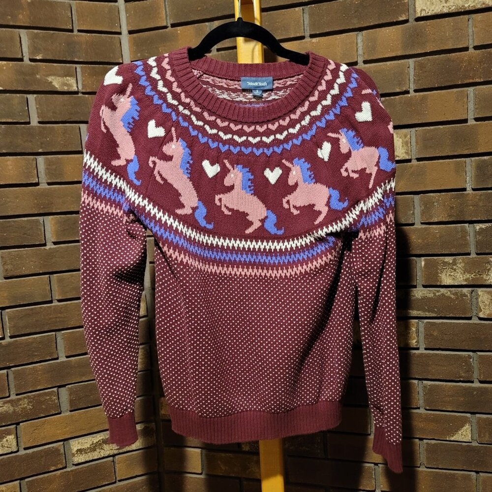 ModCloth Unicorn Heart Fair Isle Sweater Burgundy Knit - Size Small